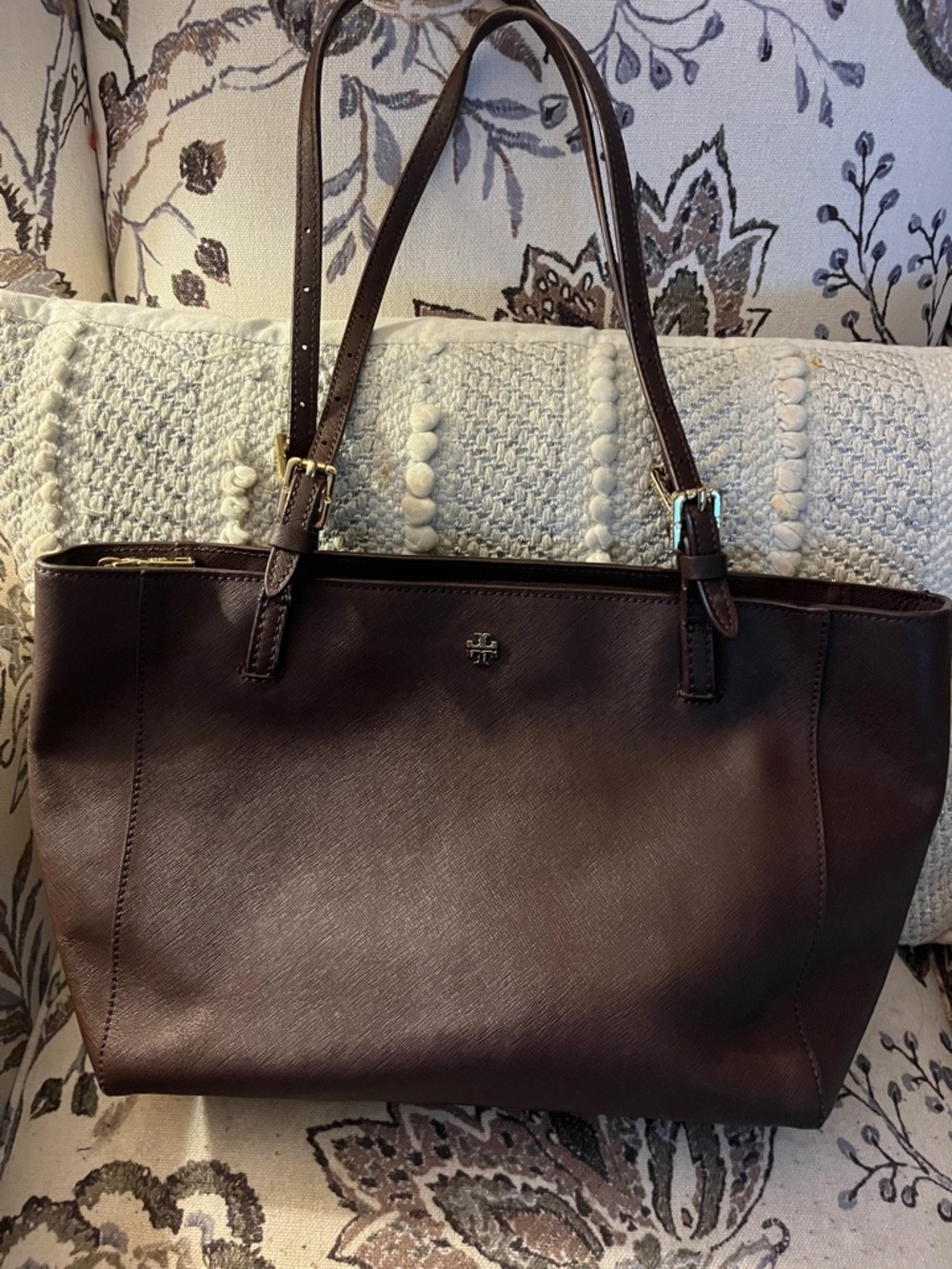 Tory Burch Dark Brown Leather Tote with Gold Hardware